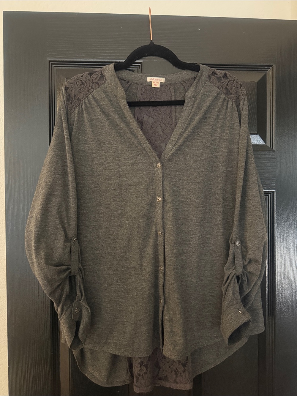 Charcoal Lace-Back Button Front Blouse - Women's